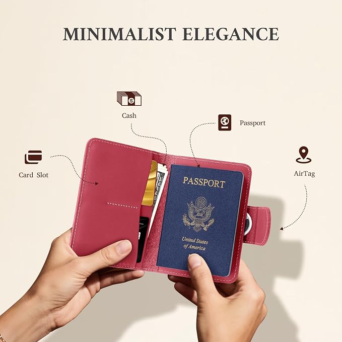 ALLIVE Rfid Passport Holder for Travel Women, Rfid Passport Cover Wallet, Genuine Leather Passport Holder for Travel with AirTag Hidden, Airport Essentials, Travel Gifts (Rose Pink)