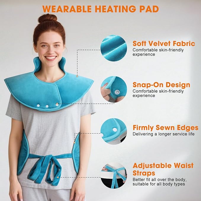 Heating Pad for Back Neck Shoulders, Large Wearable Relax Muscles, Birthday Gifts for Women Men Mom Dad Elderly, 3 Heat Settings/2-Hour Safe Auto-Off, 24"×37" Ergonomic Fit Design-Blue