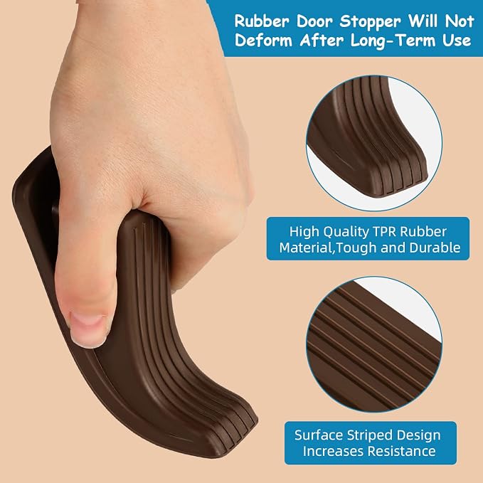 4 Pack Premium Rubber Door Stoppers Wedge, Door Stops for Carpet Heavy Duty Door, for Bottom of Door on Tile, Concrete, Carpet, Wooden Floor (Brown)