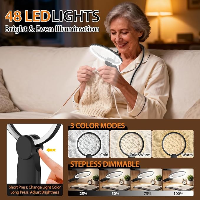 Hands-Free Magnifying Glass with Light, Rechargeable Neck Lighted Magnifier | Magnifier for Close Work, Reading Small Print, Cross Stitch, Sewing & Crafts, Vision Aid for Seniors & Low Vision