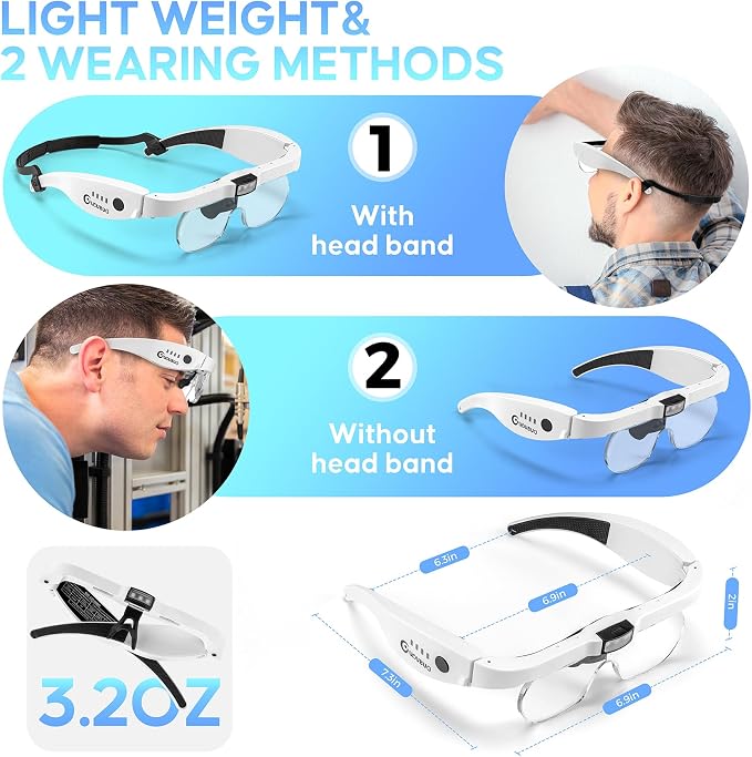 Magnifying Glass with Light, 1.5X-5.0X Magnifying Glasses 4 Lenses | Detachable,Light Weight Acrylic Lens, Rechargeable, Adjustable Magnifier Headset, Magnify Glasses for Close Work Crafts Hobby
