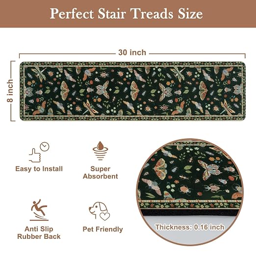 OJIA Insect Stair Treads Non Slip Stair Runners for Wooden Steps 4PC 8"x30" | Indoor Stair Runner Rubber Carpet Stair Treads for Wood Stairs Staircase Step Treads for Kids & Dogs, Stair Covers, Black