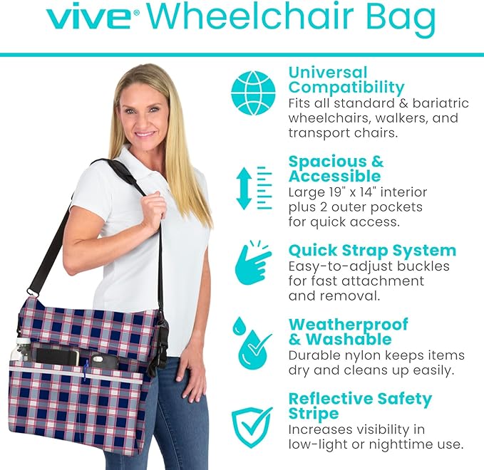 Vive XL Wheelchair Bag - Waterproof, Scratch-Resistant, Double-Stitched, Machine Washable Accessory for Adults, Seniors, 15 Colors - Storage Walker Backpack to Hang on Back of Wheel Chair