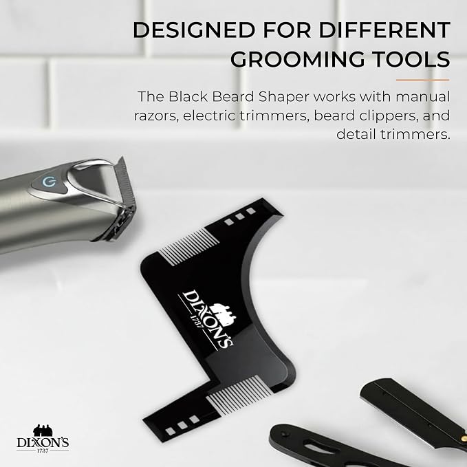 Dixon's 1737 Black Pro Beard Shaper for Men – Transparent Beard Line Up Tool with Comb Edges, Beard Template for Cheek Line, Neckline and Jawline Trimming