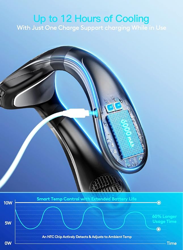Neck Air Conditioner Portable, Upward & Downward Back Airflow, Large Cooling Plate & NTC Control, 6000mAh Bladeless Wearable Fan, 6 Speeds for Outdoor, Travel, Office, Golf