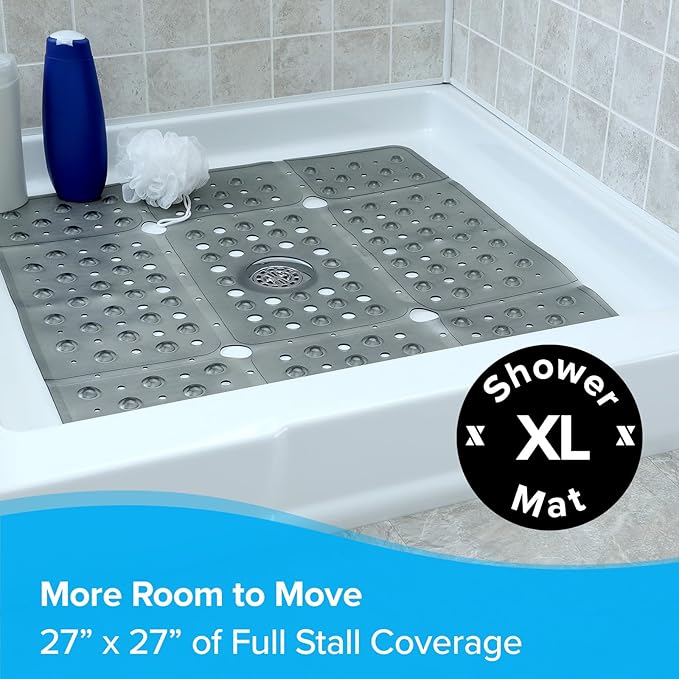 SlipX Solutions 27" Oversize Square Shower Mat, Non-Slip Mat for Elderly & Kids, 100+ Power Grip Suction Cups for Smooth Surfaces, Machine Washable, Translucent Gray