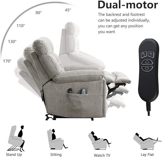 Dual Motor Power Lift Recliner Chair for Elderly, 27" Extra-Wide Seat 450 lbs Weight Capacity Infinite Position Adjustment, with Heated Massage, Cup Holders and USB Port, Grey Fabric