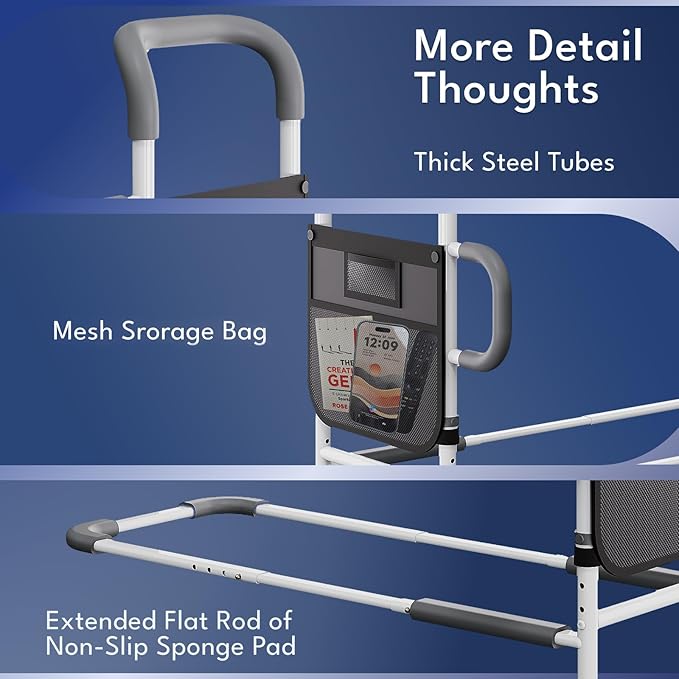 HOMEAL Bed Rails for Elderly Adults Safety - Adjustable Bed Assist Rails for Seniors, Adult Bed Guard Rail with Non-Slip Ergonomic Handle and Storage Pocket (Grey (Without Sensor Light), Long)
