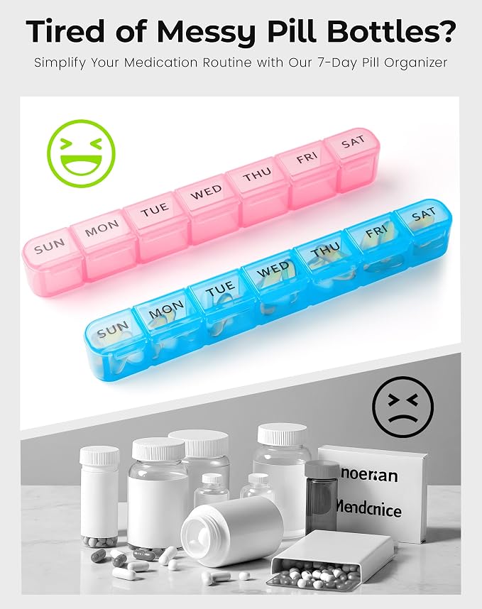Daviky Weekly Pill Organizer 2 Pack Large Capacity Travel Pill Organizers Pill Box 7 Day Compact Travel Pill Case Medicine Pill Organizers for Vitamins, Supplements and Medications (Blue & Pink)
