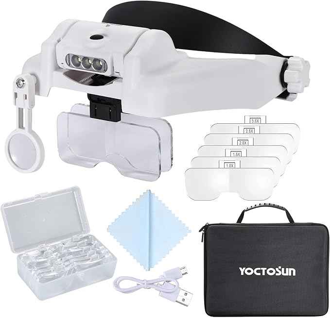 YOCTOSUN Magnifying Glasses with Light 1X-14X, Rechargeable LED Headband Magnifier with 6 Lenses and Storage Case, Hands Free Head Magnifying Visor for Close Work, Sewing, Crafts,Jewelry