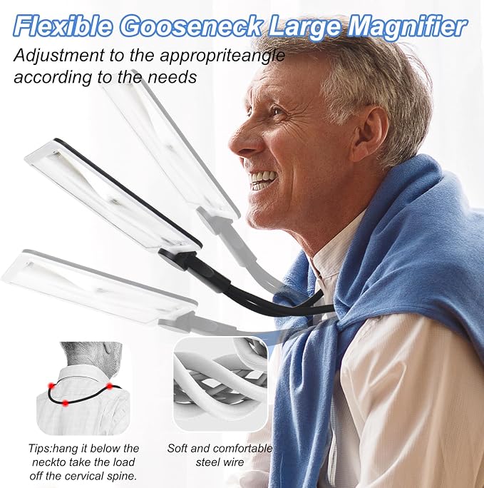 5X Large Hands Free Magnifying Glass with Light Full Page Magnifier for Reading with 50 Ultra-Bright LEDs and Flexible Gooseneck Neck Magnifying Glass with Light for Cross-Stitching Sewing Elderly