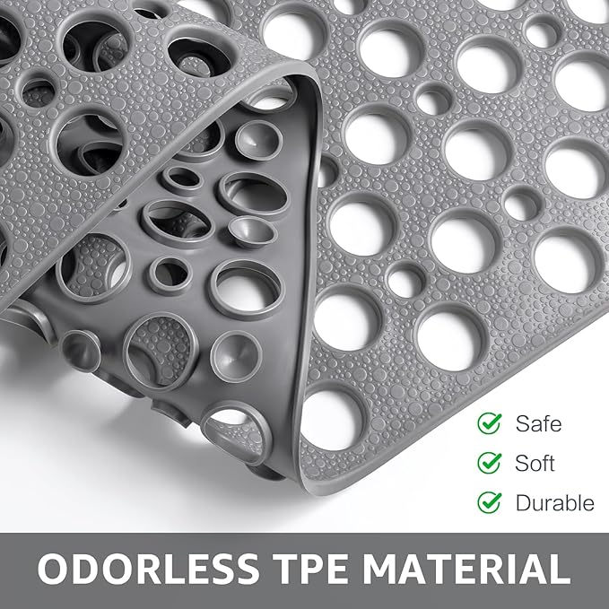 Yolife Large Shower Mat, 47 x 32 inch Non Slip Shower Mats for Inside Shower with Drain Hole, No Odor Soft TPE Shower Floor Mat, Extra Large Non Slip Shower Mat with Suction Cups, Grey