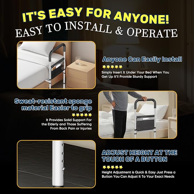 Bed Rails for Elderly Adults Safety,ASTM Approved Adjustable Bed Assist Rails For Seniors,Anti-Slip Ergonomic Handle,440lb Weight Capacity,Comes with storage bag,Night sensor light & Bed Ladder Assist