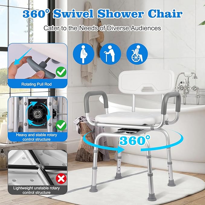 Swivel Shower Chair with Arms and Back, Heavy Duty 400lb Capacity 360° Swivel Stool for Elderly, Disabled & Bariatric Adults, for Shower & Tub, Tool-Free Height Adjustment(16.54"-19.29")