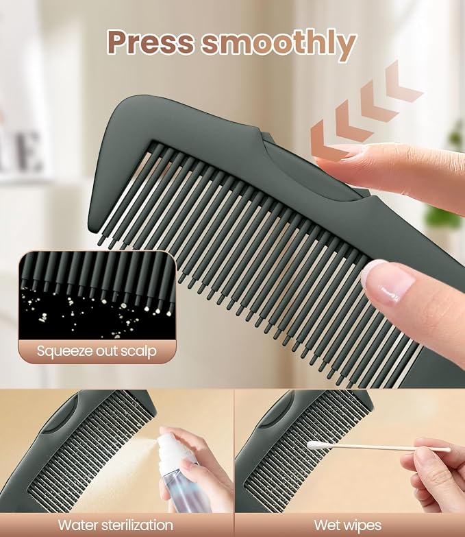 Dandruff Comb Removal 2PC Hollow Fine Tooth Scalp Detox Hair Care Tool | Upgraded Stainless Steel Teeth, with Gift Box, Build up Flake, Self Cleaning, Button-Release Design, for Women Men Kid, Green