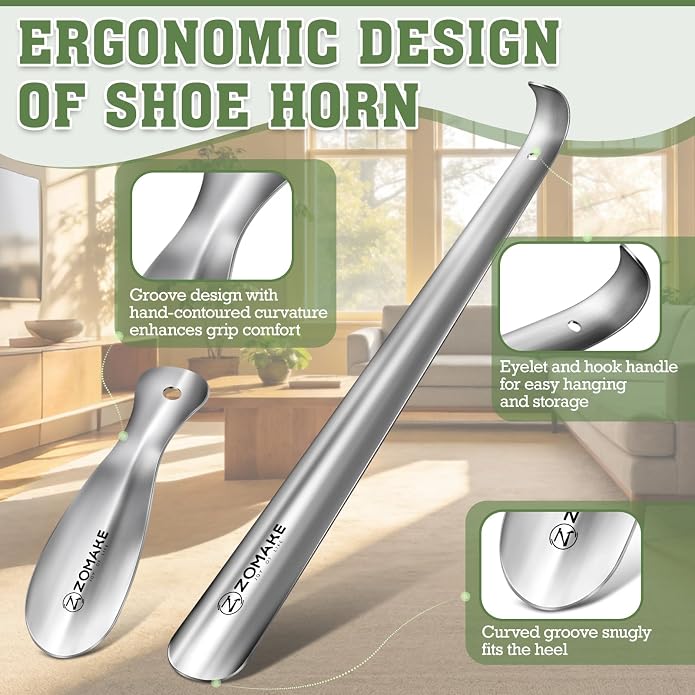 ZOMAKE Metal Shoe Horn Long Handle for Seniors 16.5 Inch,Long Shoehorn Stainless Steel Shoe Spoon Shoe Helper for Men Women