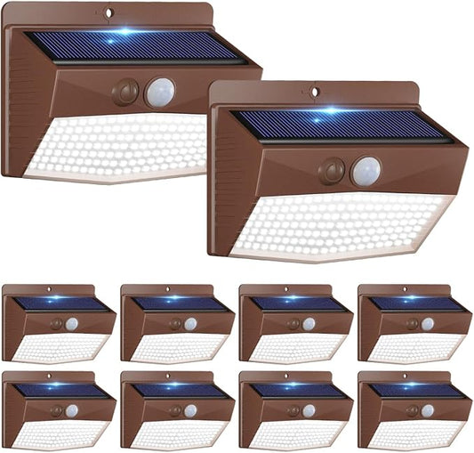 10 Pack Solar Motion Sensor Lights Outdoor Waterproof with 3 Modes | Cool White, Brown Frame, LED, Solar Powered, Security Lighting for Outside Wall Garden Fence Yard Deck Patio Garage