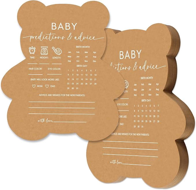 50 Pcs Bear Baby Shower Games Predictions and Advice Cards Game for New Parents Girl or Boy Funny Baby Shower Games Fun Gender Neutral Activity Kraft Paper Cards