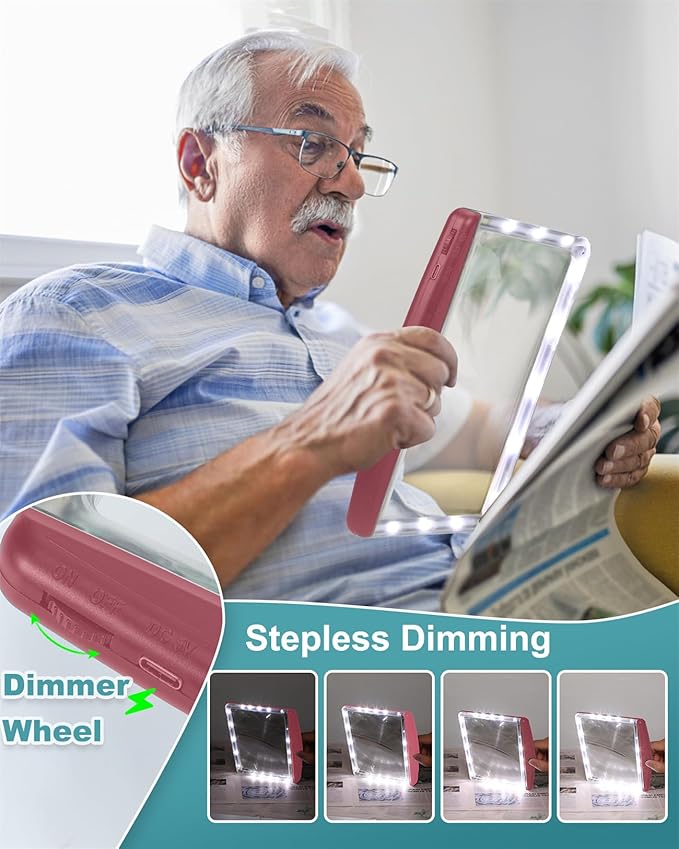 5X Rechargeable Magnifying Glass with Light, Large Bright LED Lighted Full Page Magnifier, Lightweight Rectangular Handheld Magnifier with Light for Reading Small Prints for Seniors, Red