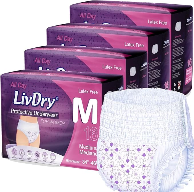 Livdry M Adult Diapers Women Overnight, Ultimate Max Absorbency, All Day or Night Protection, Medium (64 Count)