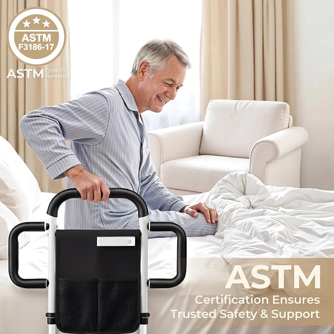 Bed Rails for Elderly Adults Safety, 400 Lbs Support for Seniors, ASTM-Certified Height Adjustable Bed Assist Rail with Motion Sensor Light, Triple Non-Slip Handles & Dual Storage Pockets