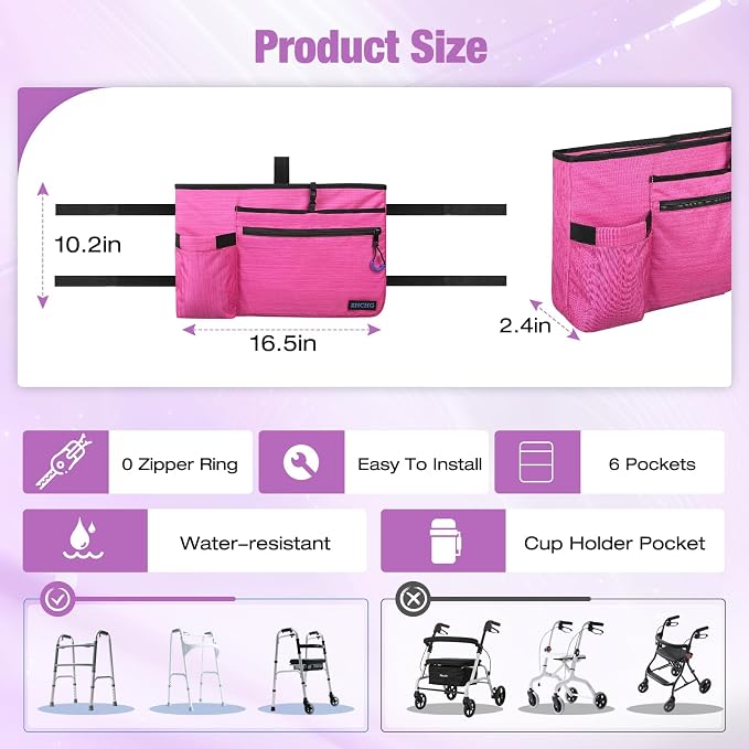ZHCHG Walker Bag with Cup Holder, Walker Accessories for Seniors Detachable | Foldable Walker Basket with Large Capacity, Best Gift (Not Fit Rollator Walkers)- Pink