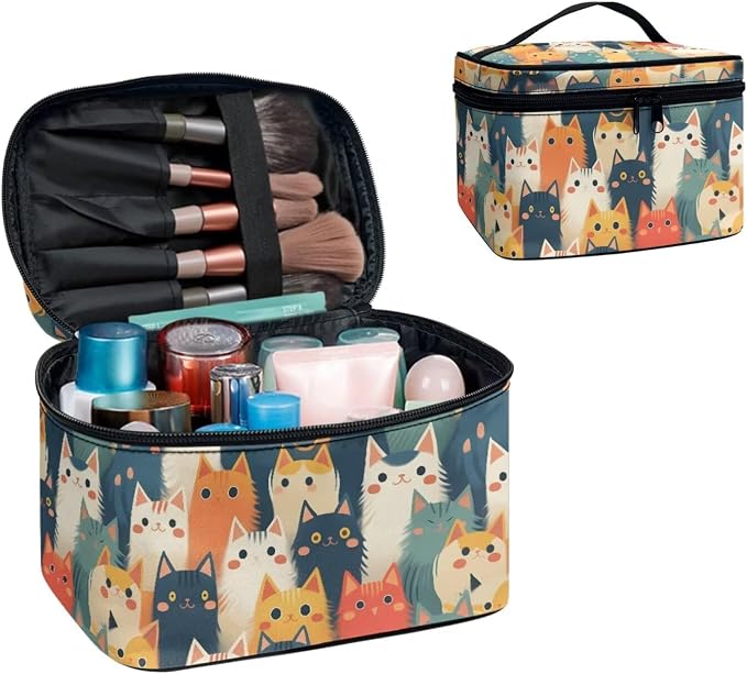 Kawaii Kitty Cats Large Makeup Bag Women Cosmetic Bags for Purse, Cartoon Colorful Cat Print Toiletry Bag for Women, Dopp Kit for Toiletries Accessories