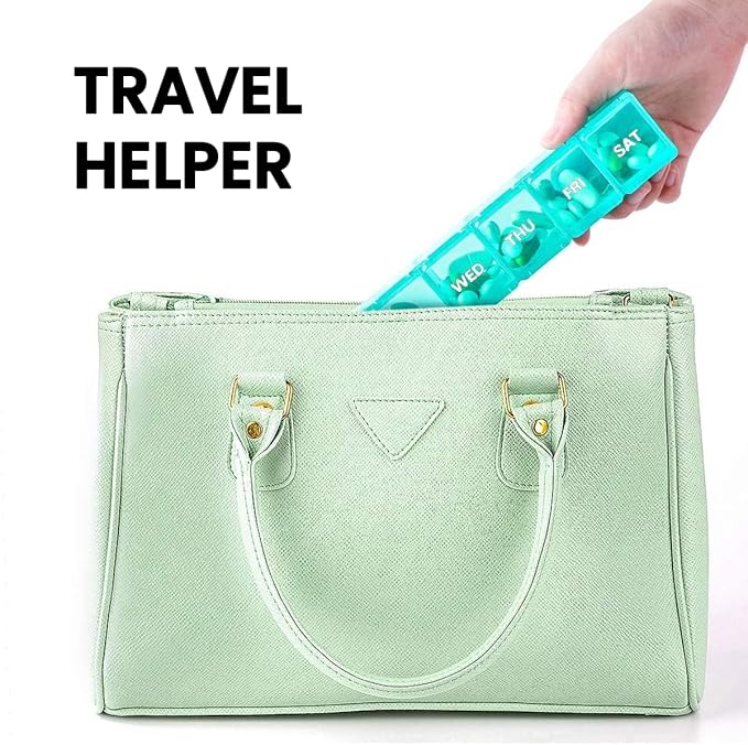 Sukuos Extra Large Weekly Pill Organizer, 7 Day Daily Pill Box Case Arthritis Friendly, Silkscreen Printed Medicine Container with Clear Lid for Vitamins, Fish Oils or Supplements (Cyan)