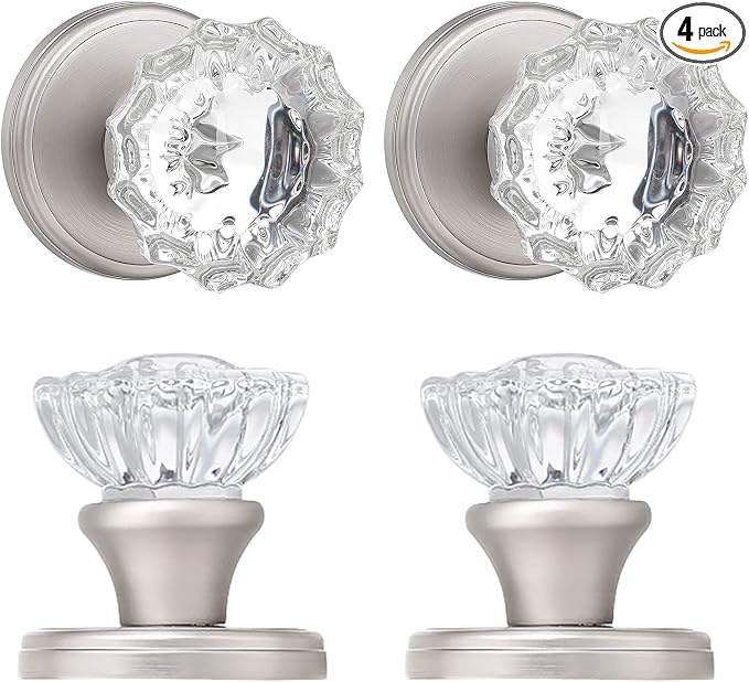 Crystal Dummy Door Knob, Inactive Glass Half-Dummy Door Knobs | for Hall/Closet, Brushed Nickel-4 Pack