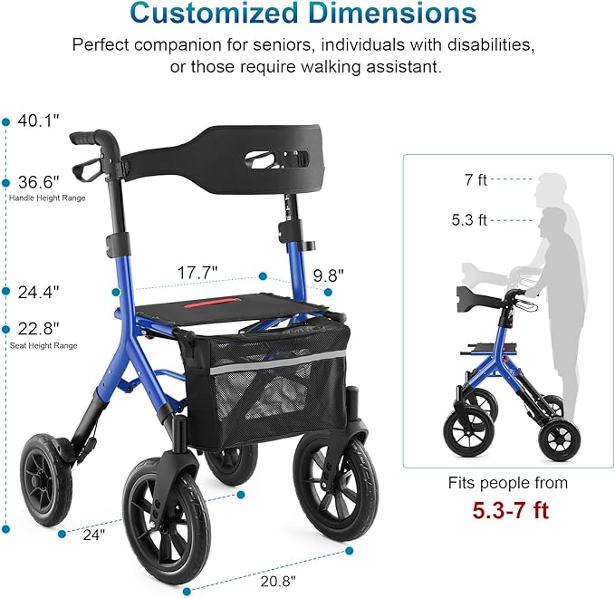 Rollator Walker with Seat, Tall Walkers for Seniors, 12" Big Rubber Wheels All Terrain Rollator Walker with Backrest, Built-in Cable, Foldable and Dual Adjustable Height for 5.3-7ft, Blue