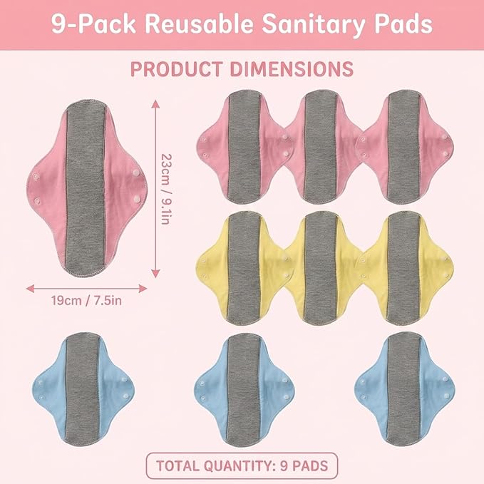 9 PCS Washable Incontinence Pads for Women, Reusable Incontinence Pads for Women, Reusable Panty Liners, Set with 3 Pink, 3 Yellow, 3 Blue, Soft and Absorbent, Comfortable and Discreet