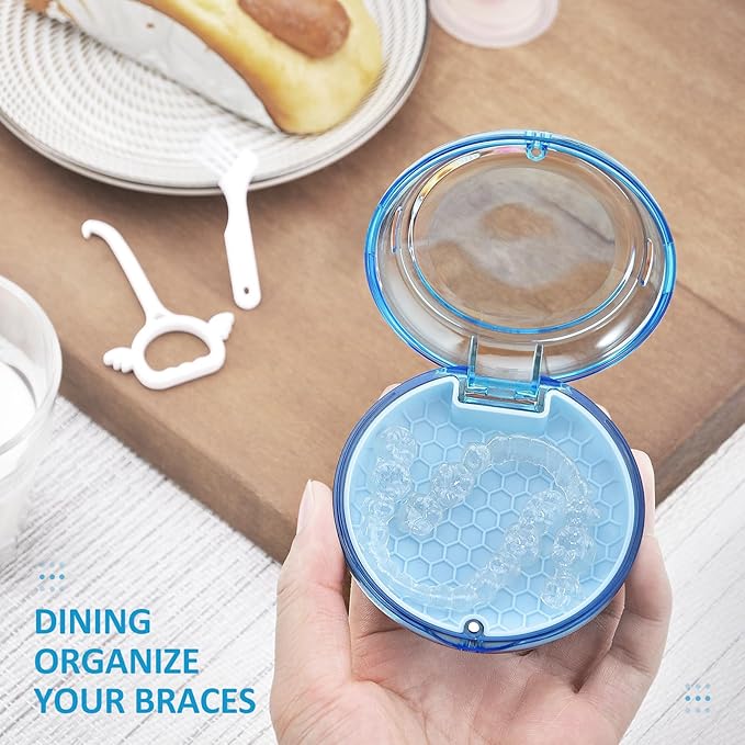 Retainer Case Slim Aligner Case with Vent Holes Cute Dental Brace Box with Retainer Removal Tool and Brush Compatible with Night Guard and Mouth Guard (Clear Blue)