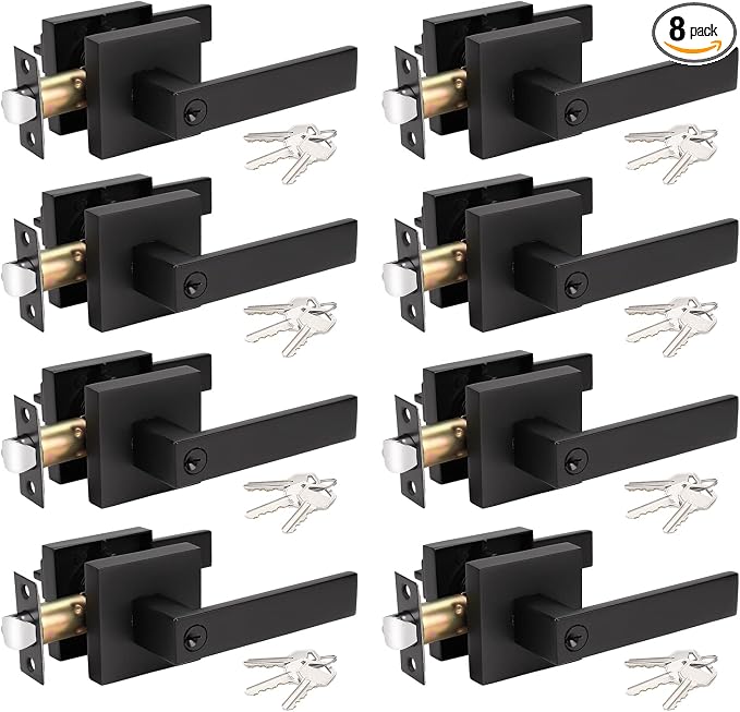 KNOBWELL Black Door Handle Black 8 Pack, Keyed-Entey Door Levers, Heavy Duty Door Knobs with Lock and Key (Same Key)