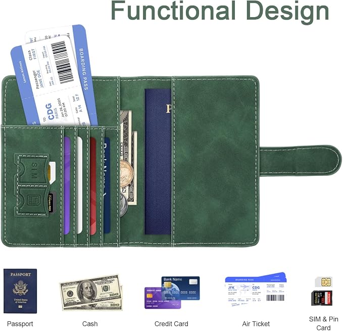 Passport Holder Wallet Cover Personalized Initial Travel Essentials | Embossed Letter A-Z Design, Travel Wallets, RFID Blocking, Passport Book Holders, Women Men, Personalized Gifts, Green-D