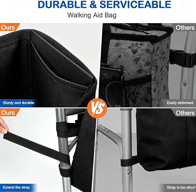 Walker Bag with Cup Holder, Multi Pockets Folding Walker Basket Tote Bag, Foldable Walker Basket with Big Capacity for Universal Walkers, Suitable for the Elderly (Black)