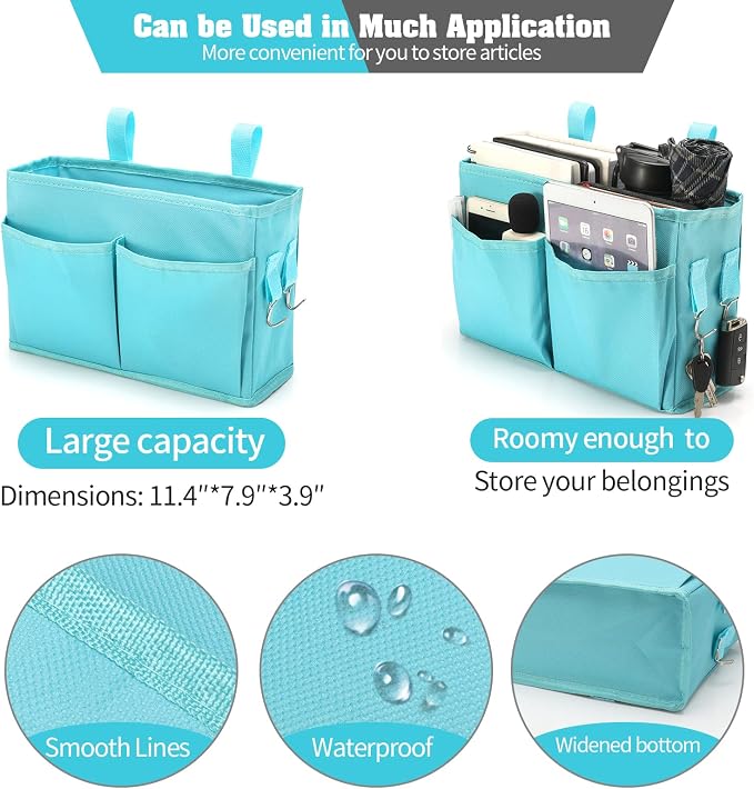 Bseash Bunk Bed Organizer, Bedside Caddy Hanging Bed Organizer Storage Bag with 4 Pockets and 2 Hooks, for College Dorm Rooms Bed, Hospital Bed, Baby Bed Rails, 600D Oxford Cloth (Light Blue)