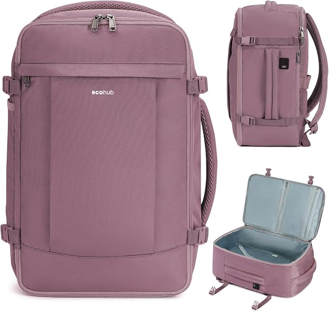 ECOHUB 17'' Small Travel Backpack, United Airlines Personal Item Bag 16.9"x10"x7.5" Carry on Backpack with USB Port Luggage Sleeve Travel Essentials for Men Women Water Resistant, Pink