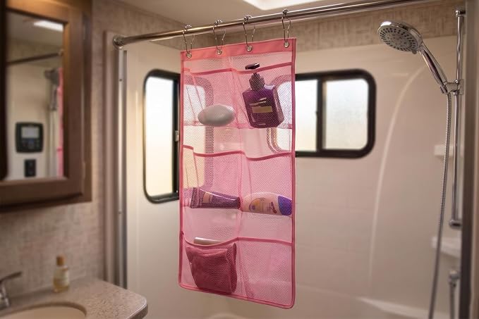 ALYER 6 Storage Pockets Hanging Mesh Shower Caddy,Space Saving Bathroom Accessories and Quick Dry Bath Organizer,Pink
