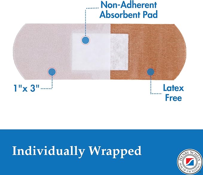 Henry Schein Adhesive Fabric Strip Bandages 1" x 3", Sterile, 100 Ct | Latex Free, Tan, Non-Stick Pad, Everyday Cuts and Scrapes, 100 Count Box, Perfect for First Aid Kits, Home and Medical Use