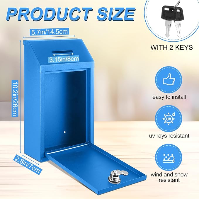 Yaocom Metal Money Box,Blue,10.24 x 5.71 x 2.95 Inch,No Lid | Wall Mounted Drop Donation Cash Box for Farm Stand Collection Safe Suggestion Box with Lock Container for Home Office Outdoor