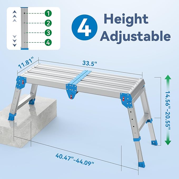 Work Platform 500 Lbs, Foldind Step Stool with One-Touch Automatic Fold, 4 Height Adjustment Step Platform, Perfect for RV Cleaning, Home Painting and Reaching High Places, Larger, Blue