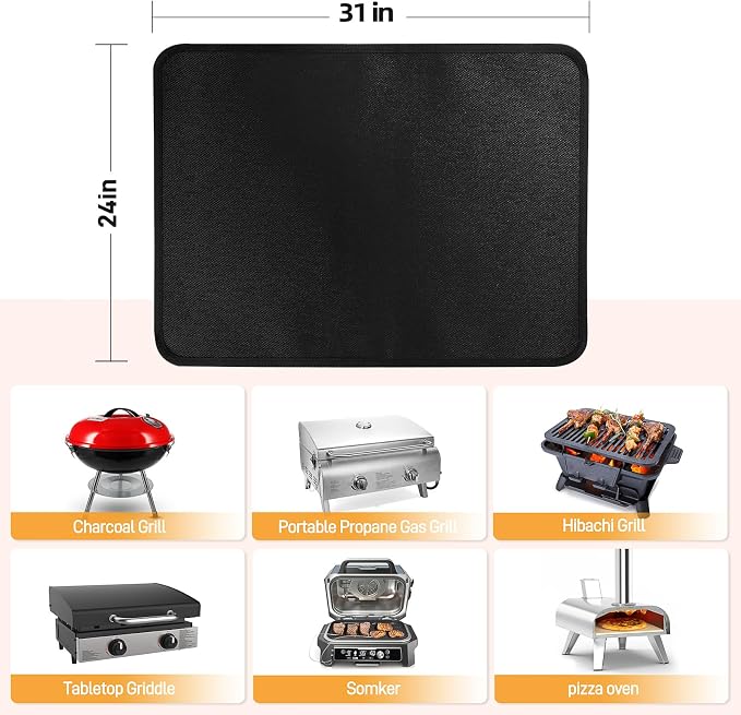 Heat Resistant Mats for Countertop fits Tabletop Grill, 31x24x0.02in, Black | 1022℉ Fireproof grill mat for countertop/table protection, fits gas/charcoal grills, pizza ovens, fits Blackstone & Ninja