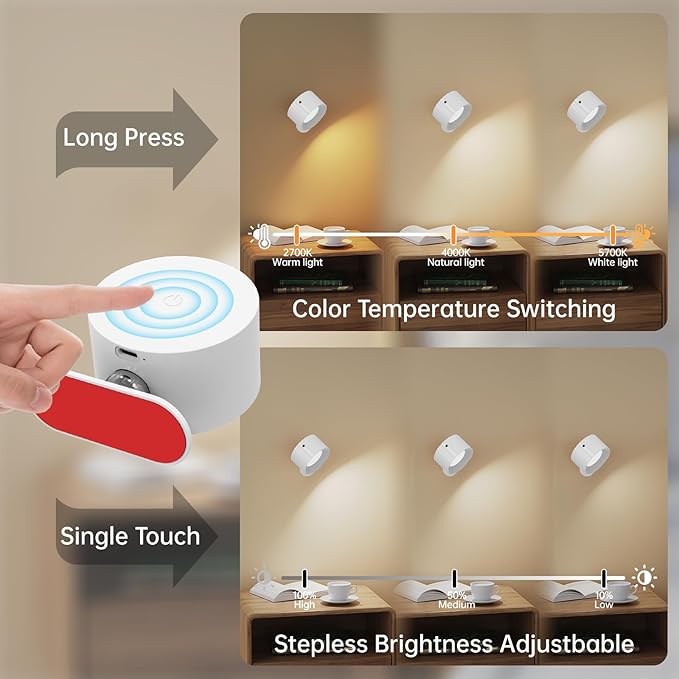 2PACK Romote LED Wall Sconce - Rechargeable Wall Light, 3 Colors & 3 Brightness Levels, 360° Magnetic Rotating Head, Bedside Reading Lamp, Easy Install Battery Operated Wall Lamp Black