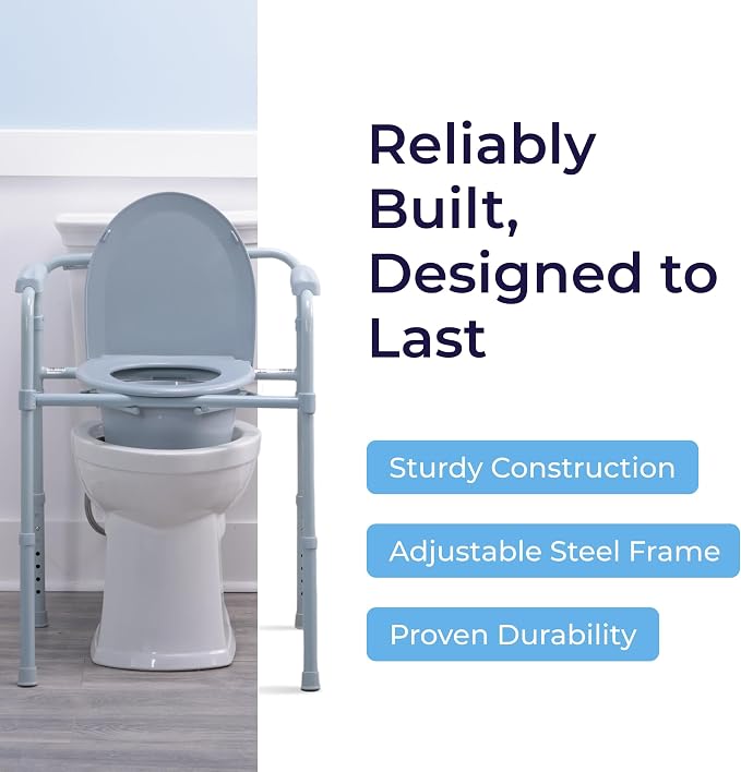 Drive Medical Folding Steel Bedside Commode Chair - Portable 3-in-1 Toilet Solution - Adjustable Height - 7.5 Qt Bucket Included - Durable Powder-Coated Steel Frame - Supports up to 350 Lb