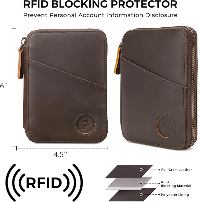 Polare Leather Pilot Wallet Passport Holder RFID Blocking Tri-fold Travel Cover Document Organizer for Aviation Professionals (Dark Brown(YKK Zipper with AirTag Slot))