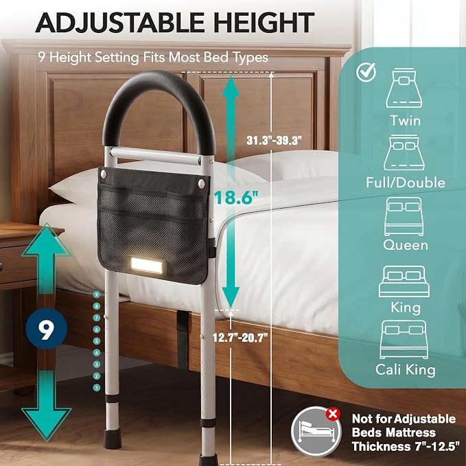 HOMENURSE Bed Rails for Elderly Adults Safety, Motion Sensor Light, 350lb | ASTM Approved, Tool-Free Bed Cane, Non-Slip Handle & Feet, Adjustable Height Fits 12.7"-20.7" Bed Frame, King Queen Full Twin