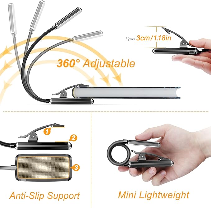 Gritin 2 Pack 9 LED Rechargeable Book Light for Reading in Bed | Eye Caring 3 Color Temps,Stepless Dimming Brightness,80 Hrs Runtime Small Lightweight Clip On Book Reading Light-Black