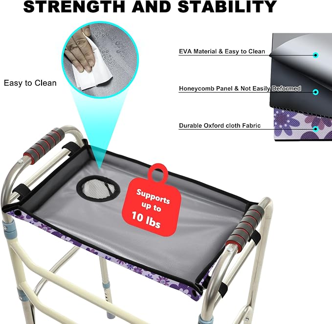 Walker Tray for Folding Walker with Cup Holder, Detachable Tray for Walker, Walker Accessories for Senior with Non-Slip Mat, Universal Fit for Meals, Drinks, Reading,Laptop (Purple)