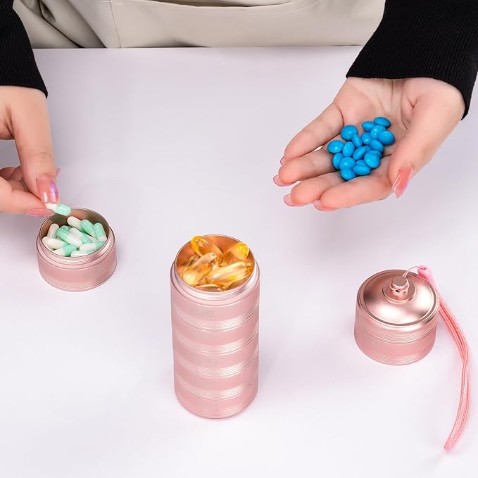 Travel Pill Organizer 7 Day - Waterproof Metal Weekly Pill Box Daily Pill Case with 7 Compartments, Pill Container for Vitamin Medicine Supplements Fish Oil, Pink Daily Pill Organizer