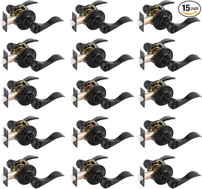Gobrico 15 Pack Matte Black Privacy Door Handles Levers, Interior Keyless Bed and Bath Wave Door Knobs, Thumb-Turn Locking Inside
